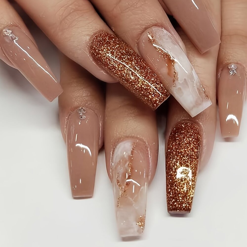 24pcs Autumn & Winter Marble Glitter Press-On Nails Set - Long Ballet Shape, Mix